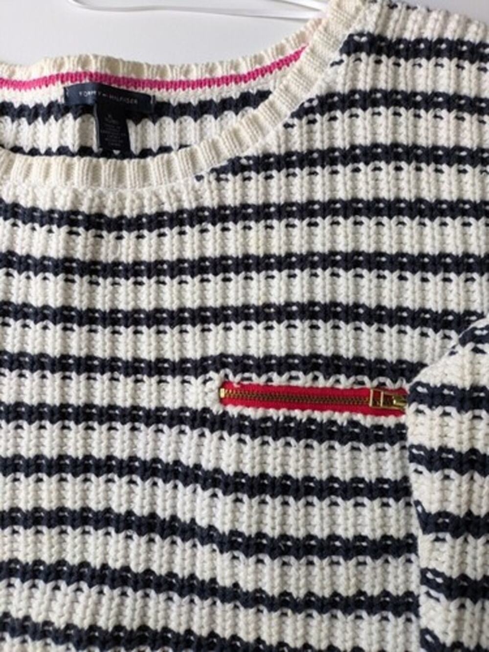 Tommy Hilfiger Women's Cable Knit Sweater Pullover Pocket White Navy XL Stripes